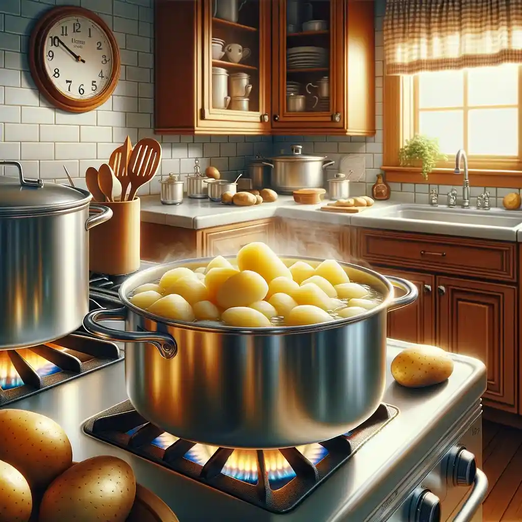 While the filling is simmering, place the peeled and diced potatoes in a pot of cold water. Bring it to a boil, then reduce the heat and simmer for about 10–15 minutes, or until the potatoes are fork-tender.