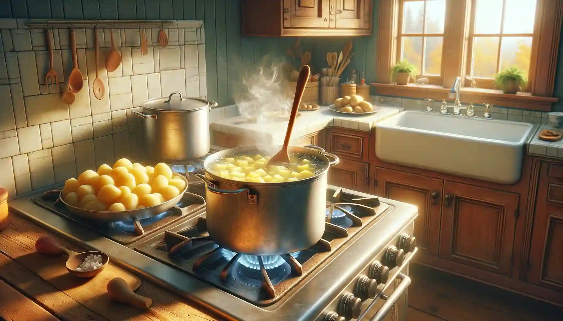 While the filling is simmering, place the peeled and diced potatoes in a pot of cold water. Bring it to a boil, then reduce the heat and simmer for about 10–15 minutes, or until the potatoes are fork-tender.