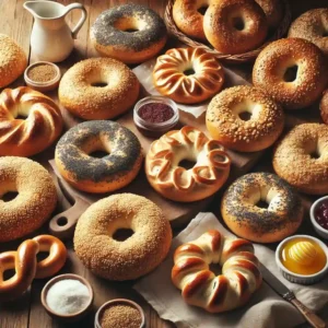 Freshly baked bagels with classic toppings on wooden table