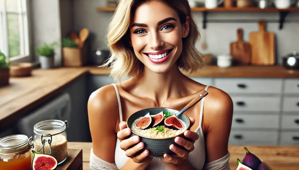 Delighted Woman Enjoying Overnight Oats with Figs and Honey