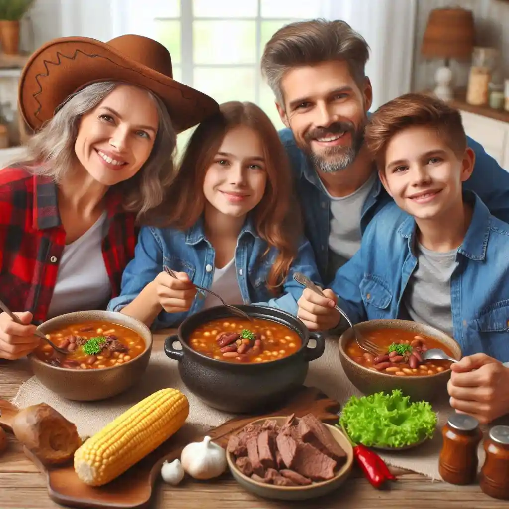 Family of four sharing a hearty bowl of Beef and Bean Cowboy Soup at the dinner table.