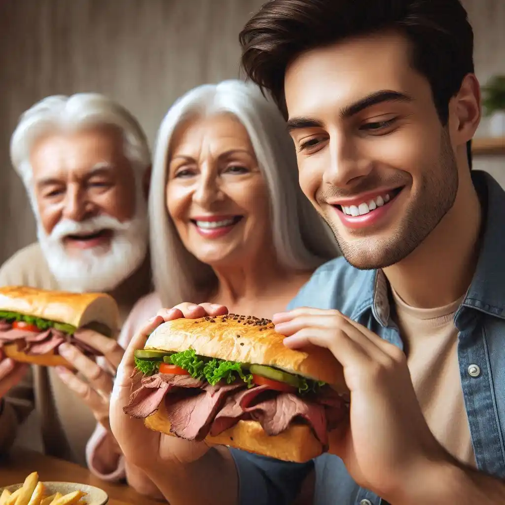 a rich family enjoying their Delicious Hot Roast Beef Sandwich