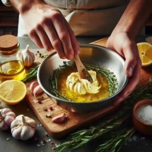 In a small bowl, mix the softened butter with thyme, rosemary, garlic, lemon zest, and juice.