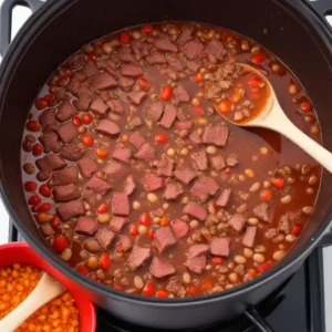 Add the browned beef back to the pot along with the soaked beans, diced tomatoes, beef broth, chili powder, salt, and pepper. Bring to a boil.