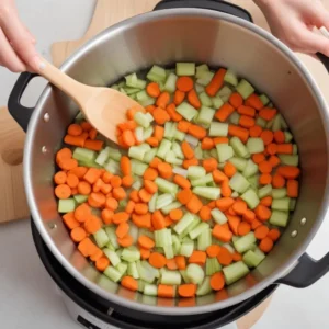 In the same pot, sauté the onion, carrots, celery, and garlic until softened, about 5 minutes.