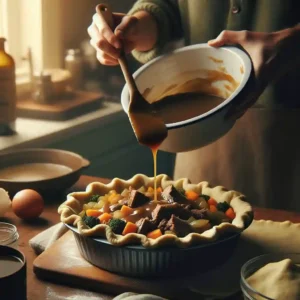 Pour the beef and vegetable filling into a pie dish.