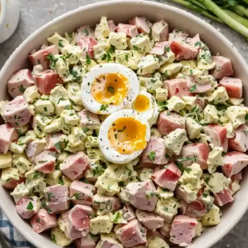 Close-up of a bowl filled with creamy red potato salad, garnished with chopped herbs, set on a checkered cloth background.