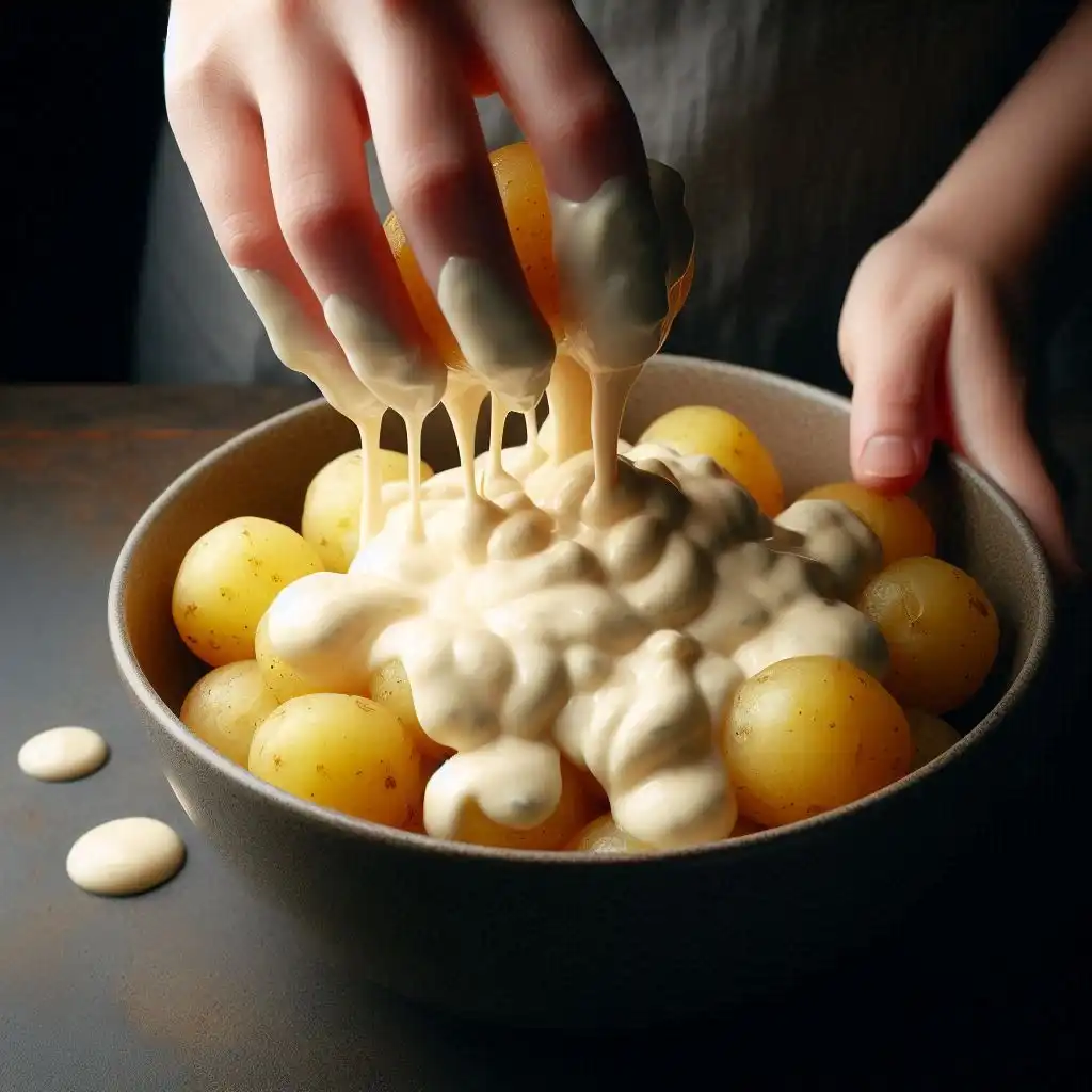 a bowl of drained potatoes being tossed with a creamy dressing. The scene should show the potatoes being gently coated with the dressing, with a focus on the careful mixing process. 