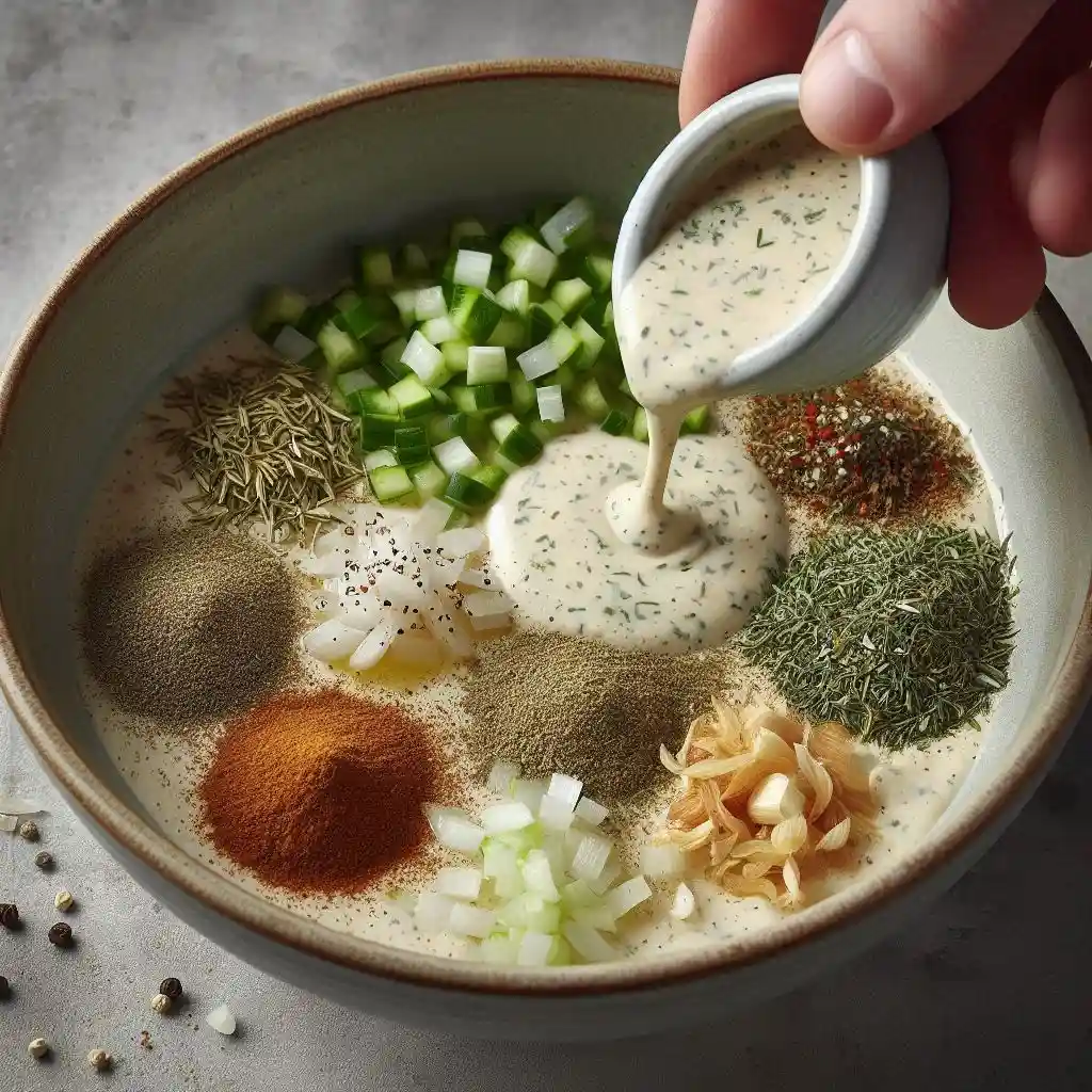 a bowl of dressing being seasoned with dried dill, garlic powder, onion seasoning, and a small amount of salt and pepper. Show the dressing being mixed to combine the ingredients and ensure the flavors are evenly distributed.