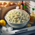 A bowl of red potato salad covered with plastic wrap or a lid.