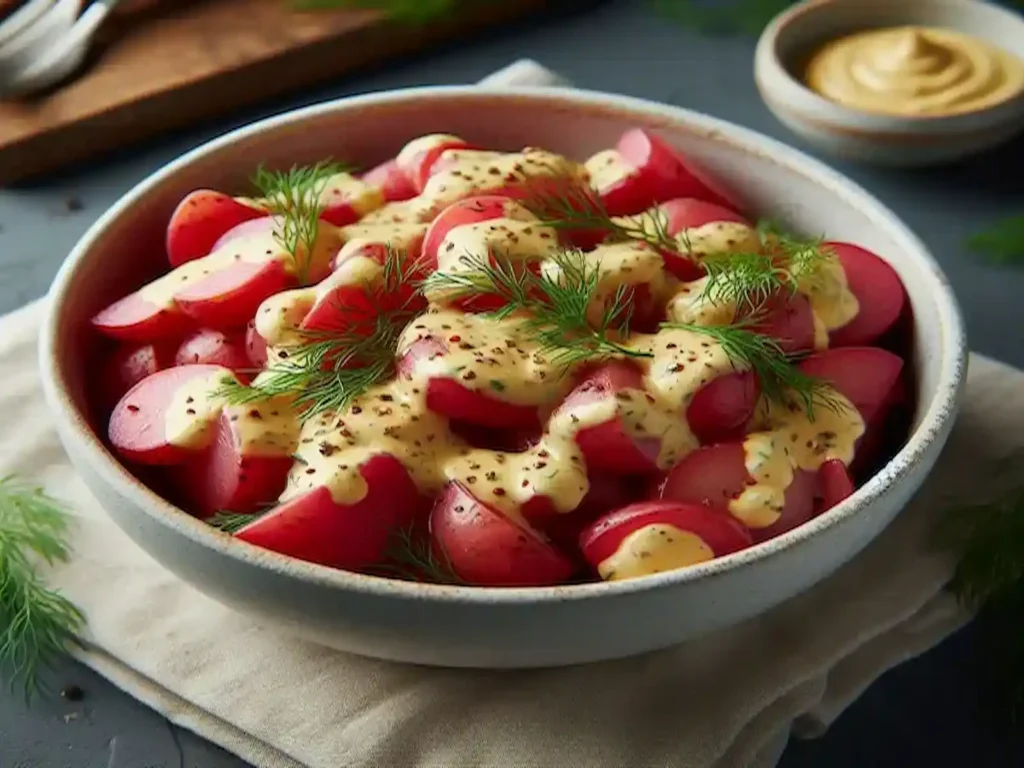 Creamy red potato salad with dill and Dijon mustard in a white bowl.