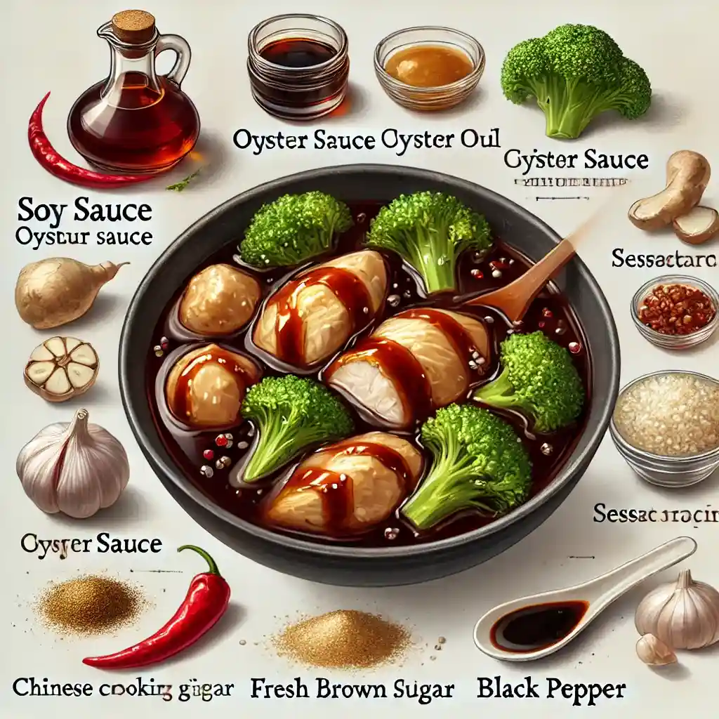 Ingredients for a rich, savory sauce for chicken and broccoli stir-fry, including soy sauce, oyster sauce, Chinese cooking wine or Mirin, sesame oil, cornstarch, light brown sugar, fresh grated ginger, fresh grated garlic, black pepper, and crushed red pepper in a clear bowl with the sauce mixing together.