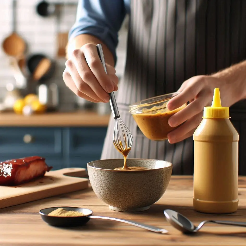 A bowl of BBQ sauce being mixed with mustard and water on a kitchen countertop, with measuring spoons and ingredients nearby.