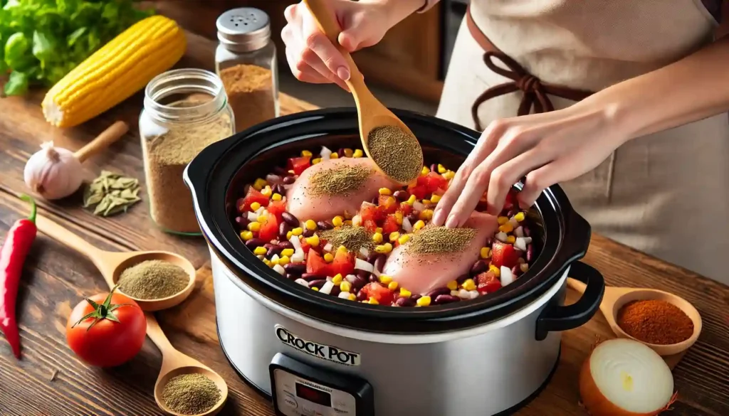 Adding drained beans, diced tomatoes, corn, cumin, and oregano, stirring to combine, and adding chicken breasts to make Chicken Enchilada Soup