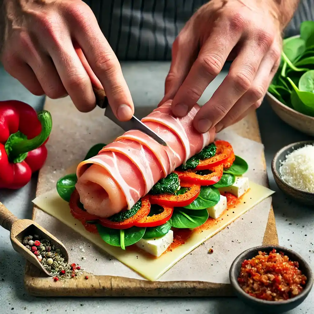 Lay each cutlet on a work surface. Layer with prosciutto, cheese, roasted pepper, and spinach. Roll tightly and place seam side down.