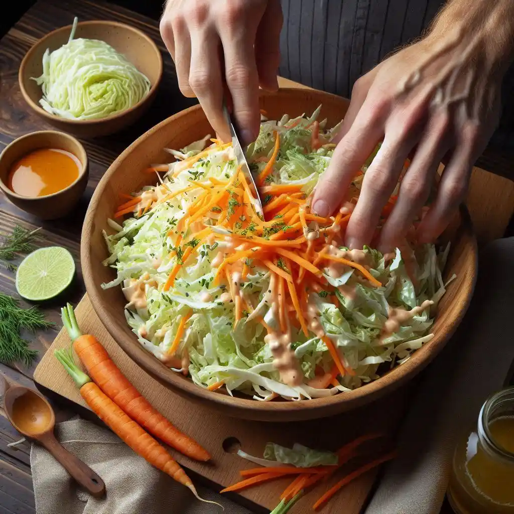 Assemble the Coleslaw: chop the cabbage and carrots into thin pieces. Mix in the dressing well and coat the salad ingredients with it.
