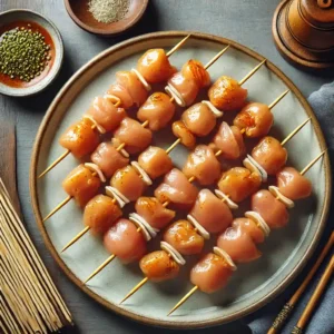 Chicken pieces threaded onto skewers, ready for grilling.