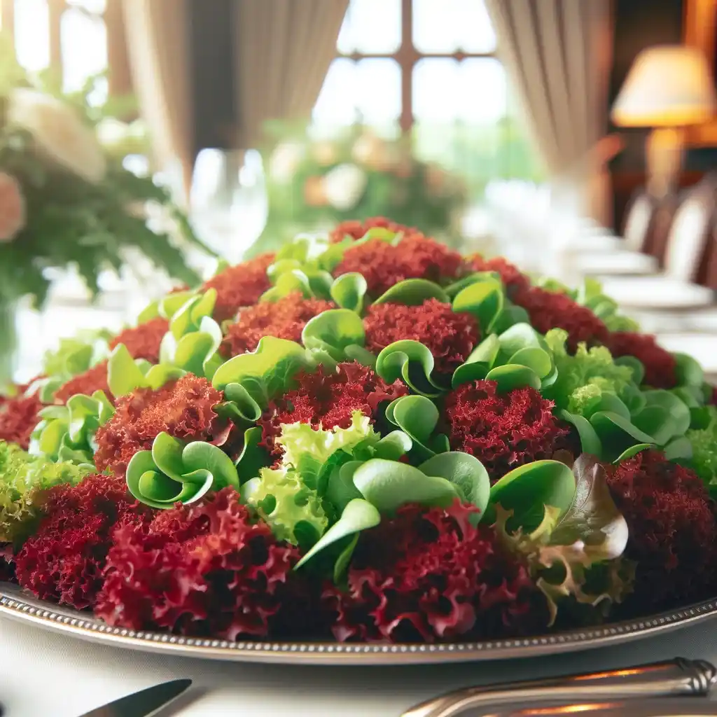 Spreading baby red butter lettuce on a platter for salad assembly.