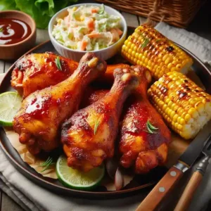 BBQ chicken drumsticks served with grilled corn, coleslaw, and lime wedge