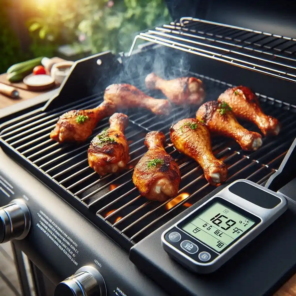 Chicken drumsticks grilling on a BBQ, turning frequently for even cooking, with a thermometer reading 165°F.