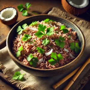 Fluffy brown coconut rice with visible coconut chunks and cilantro in a decorative bowl.