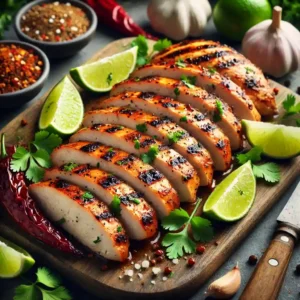 Sliced chipotle chicken on a cutting board garnished with cilantro and lime wedges