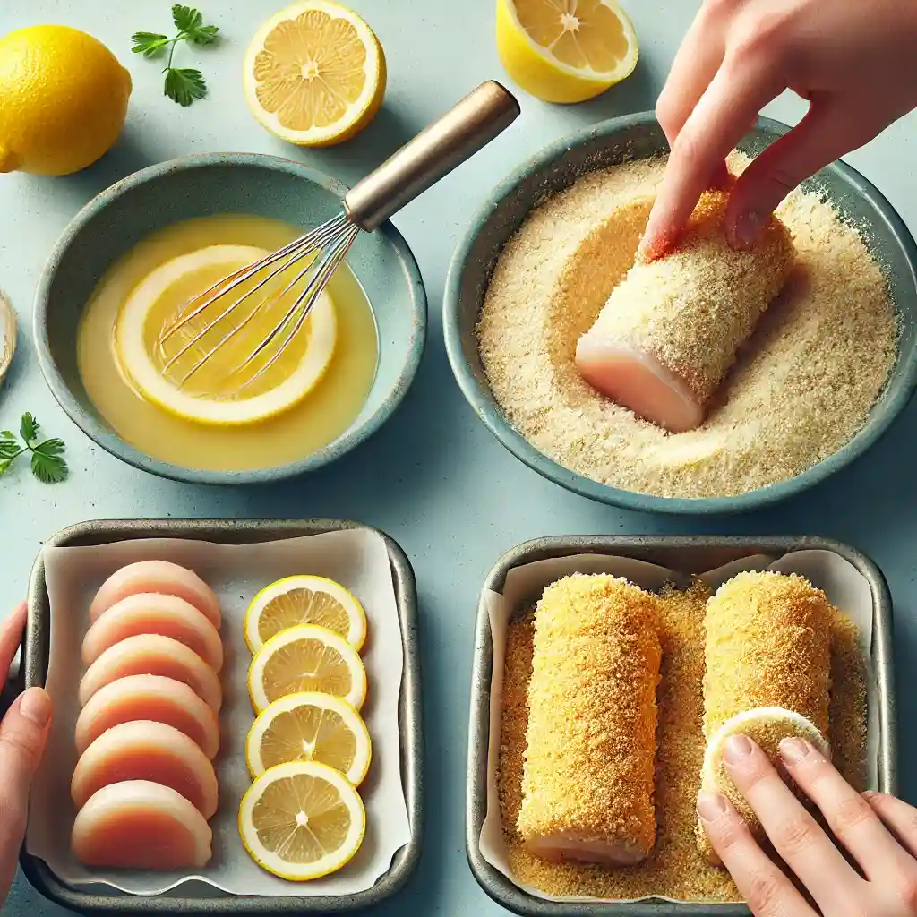 Dip the rolled chicken in the lemon mixture, then in breadcrumbs. Place on a baking dish and bake at 450°F for 25-30 minutes.