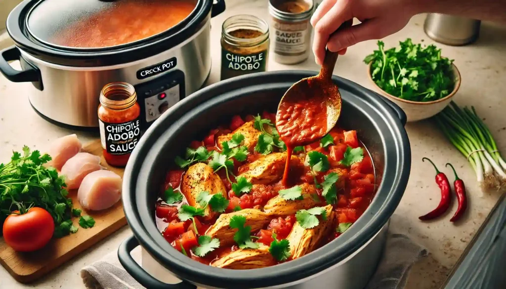 Adding chicken broth, tomato sauce, and chipotle adobo sauce, bringing to a boil, adding cilantro, and pouring into the crock pot for making Chicken Enchilada Soup