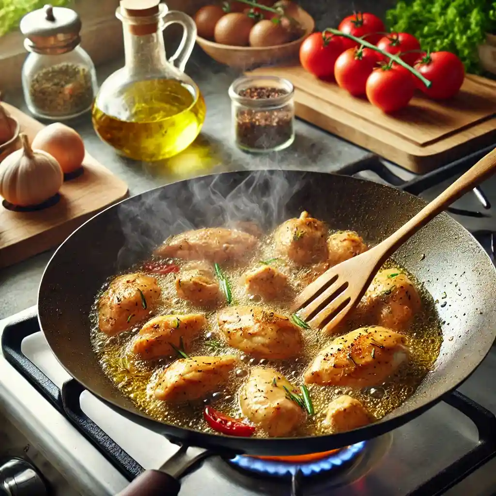 A large pan or wok on high heat with a teaspoon of vegetable oil, frying half of the marinated chicken.