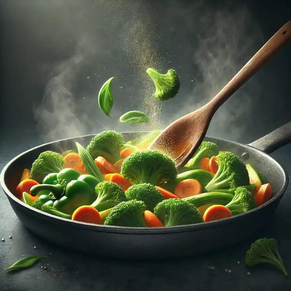 Stirring broccoli, bell peppers, and carrots in a skillet with olive oil.