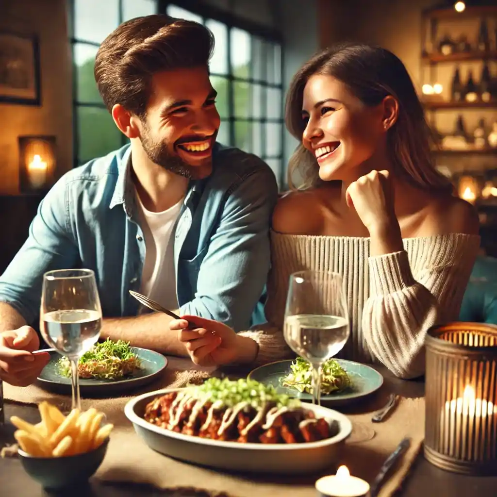 A couple smiles and enjoys a delightful dinner featuring Chipotle Chicken in a cozy, candle-lit restaurant setting.