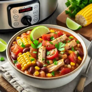 A bowl of Crock Pot Chicken Taco Chili with tender chicken, beans, corn, and tomatoes, garnished with cilantro and lime, with a slow cooker in the background.