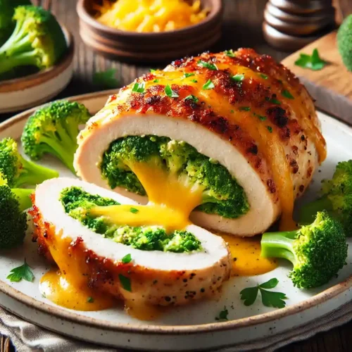 Broccoli and Cheese Stuffed Chicken breast, golden and crispy, sliced open to reveal melted cheddar cheese and finely chopped broccoli filling, served on a white plate with a garnish of fresh parsley.