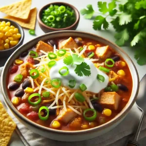 Chicken Enchilada Soup topped with sour cream, shredded cheese, and scallions.