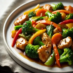 Chicken Stir Fry with tender chicken pieces, broccoli, bell peppers, and carrots.