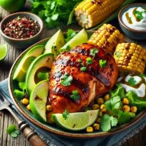 a plate of chipotle chicken topped with cilantro, lime wedges avocado and slices sour cream served on the side with grilled corn.