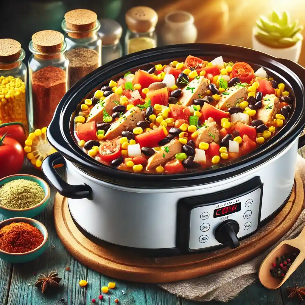 A colorful slow cooker filled with chicken breasts, corn, black beans, diced tomatoes, and spices, cooking in a cozy kitchen with natural lighting.