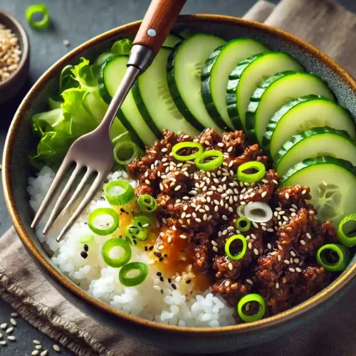 Korean beef bowl with seasoned ground beef, rice, sliced cucumbers, green onions, and sesame seeds in a stylish bowl.