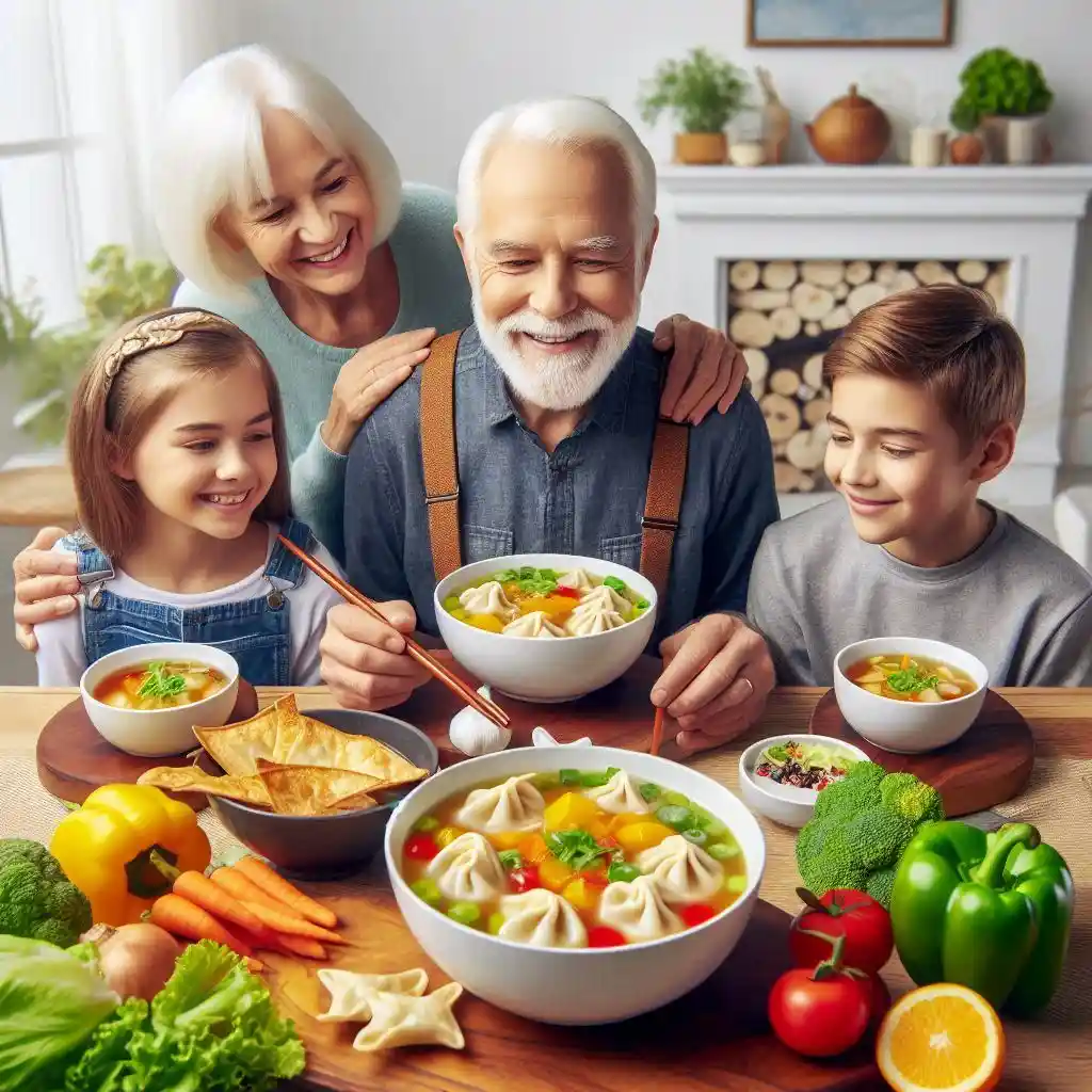 Delicious Wonton Soup with American family enjoying