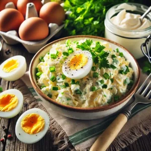 Creamy egg salad garnished with fresh herbs in a bowl.