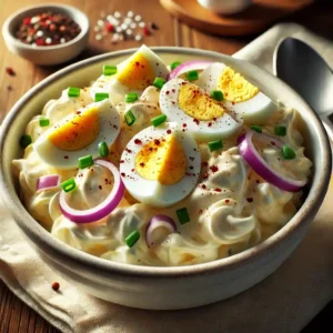 egg salad in a white bowl, featuring chopped hard-boiled eggs, mayonnaise, red onion, salt, pepper, paprika, and chives, on a wooden table.