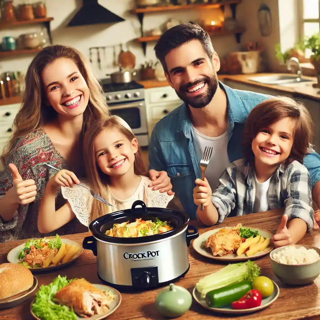 A family of four happily eating a delicious Crock Pot Santa Fe Chicken dinner at a cozy dining table.