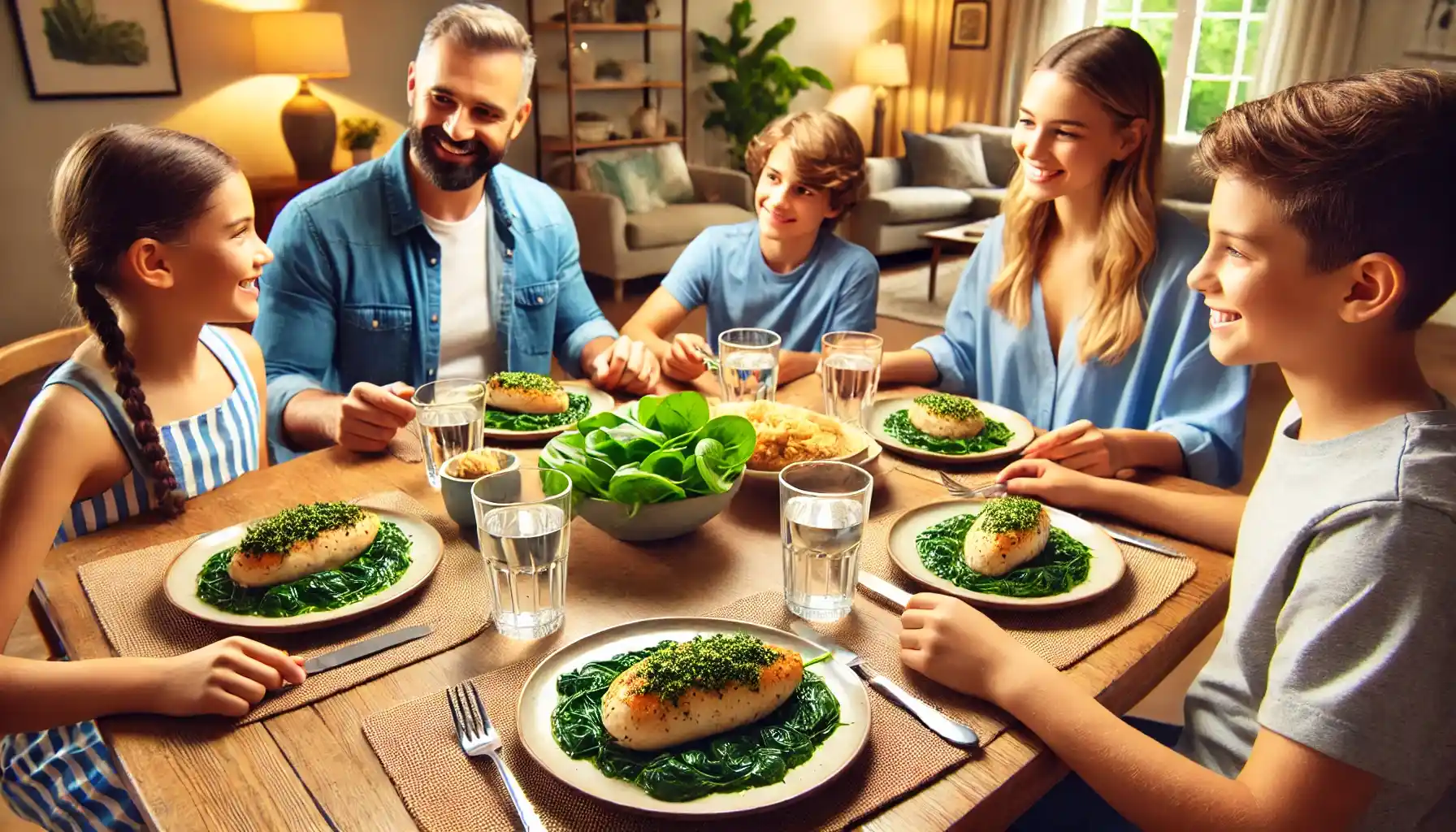 Family of four enjoying Easy Spinach Stuffed Chicken Breast at a cozy dinner table.