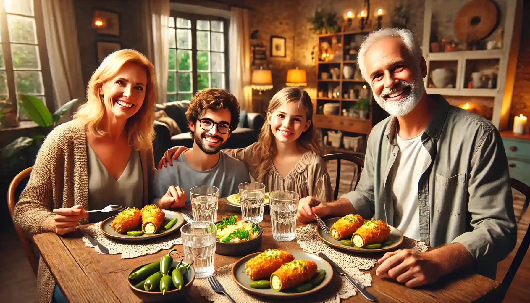 Family of four enjoying Cheesy Jalapeño Popper Baked Stuffed Chicken at a cozy dinner table.