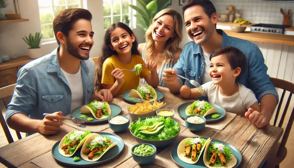 Family of four enjoying grilled chicken tacos with avocado and Cotija cheese at home.