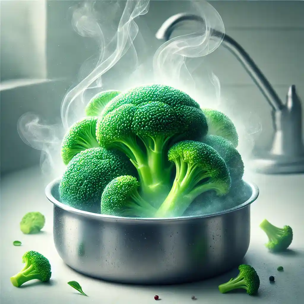 Fresh broccoli being steamed until vibrant and tender in a clean kitchen setting.