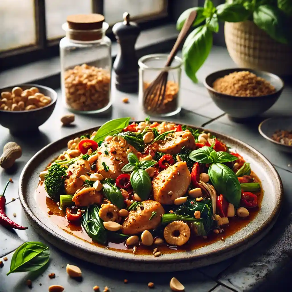 A plate of Garlic-Ginger Chicken Stir-Fry garnished with crushed peanuts and fresh basil.