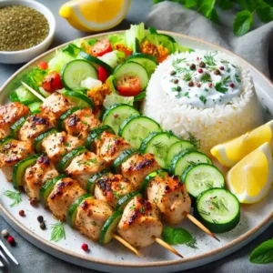 Grilled Chicken Kabobs with Cucumber Yogurt Sauce. Grilled chicken kabobs served with cucumber yogurt sauce, rice, and fresh vegetables on a white plate.