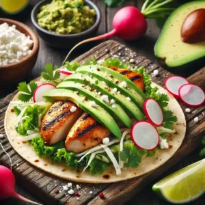 Grilled Chicken Tacos with Lettuce Slaw, Avocado, and Cotija