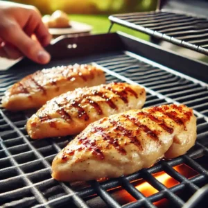 Chicken breasts cooking on a clean, oiled and nicely charred grill.